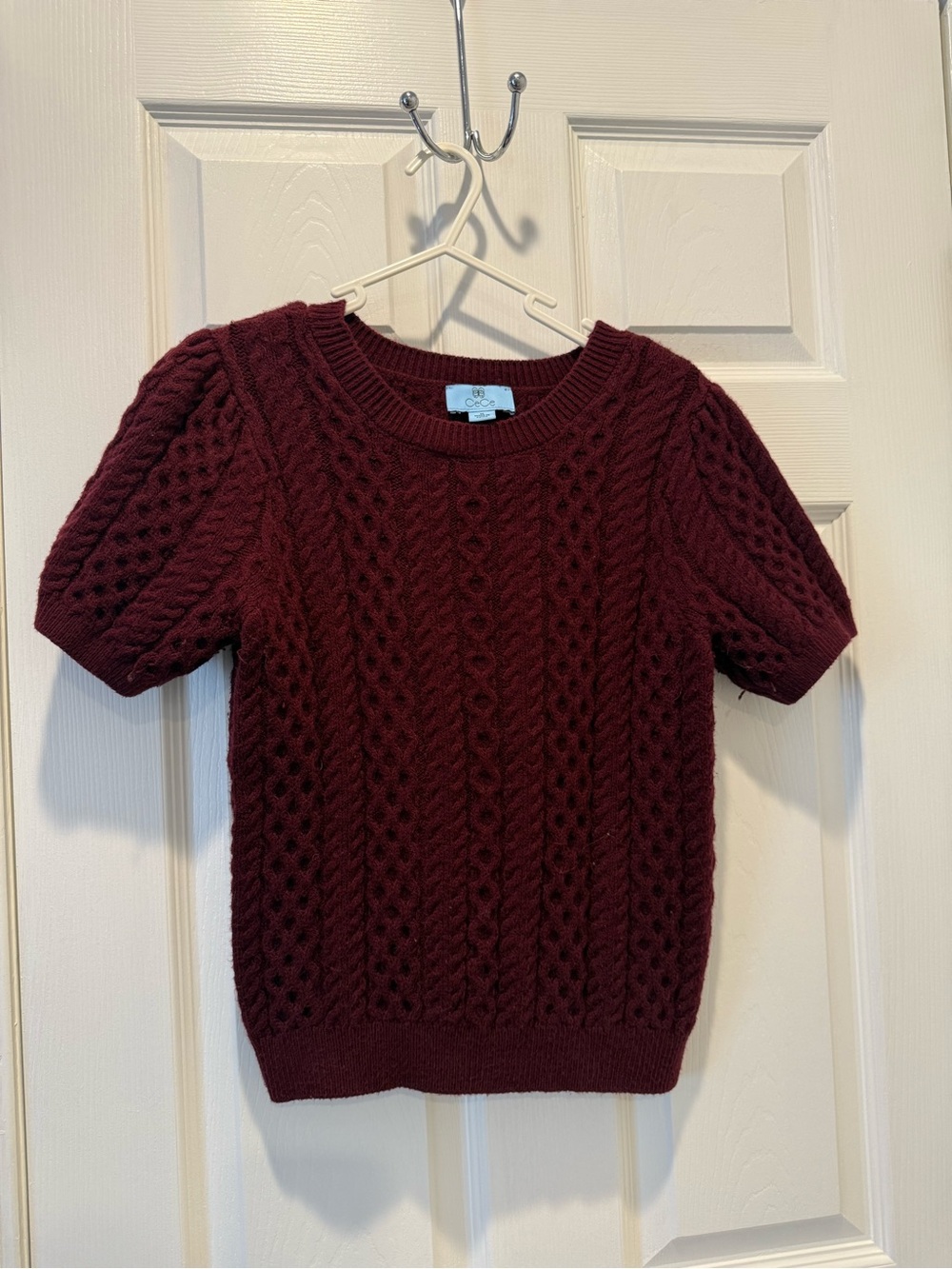 CeCe Short-Sleeve Cable Knit Crewneck Sweater - Burgundy